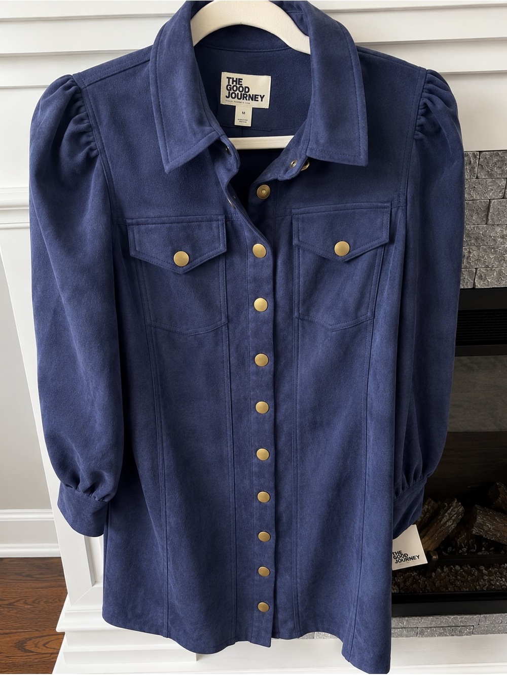 The Good Journey Dress Suede Faux Suede Navy Button-Front Mini Shirt Dress